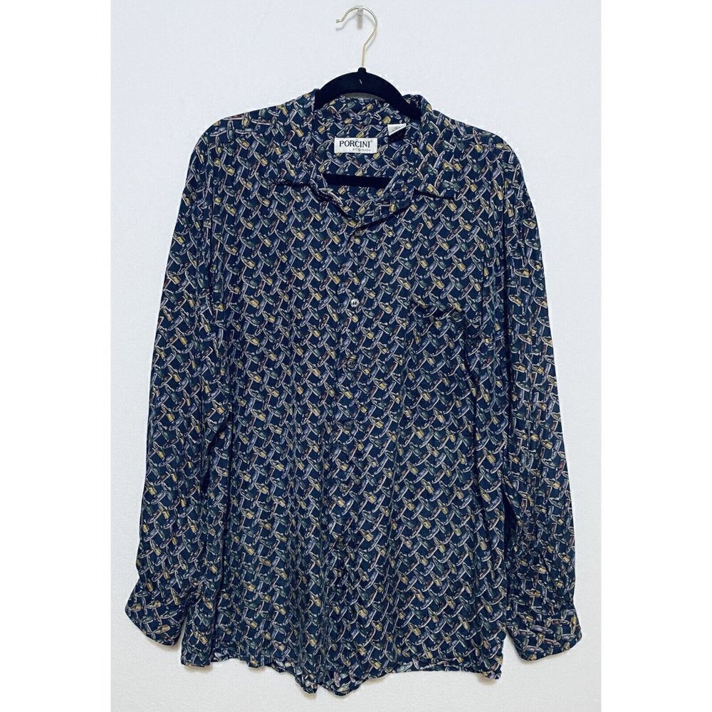 Porcini By Brigata Silk Dress Shirt Mens Size Large Blue Sneaker Print Hipster